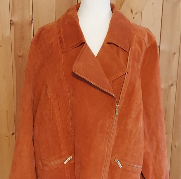 Dennis Basso Orange Suede Leather Jacket Motorcycle Style Women’s Size XXXL 3X - Picture 2 of 11